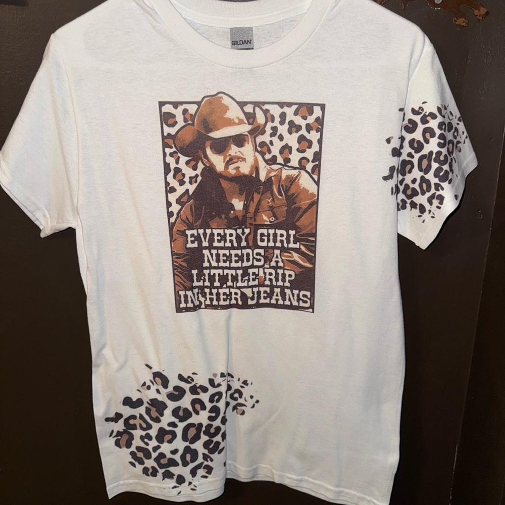 Gildan White T-Shirt with Cowboy Graphic and Leopard Accents